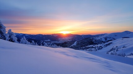 Breathtaking sunset over snowcovered mountains in winter landscape : Generative AI