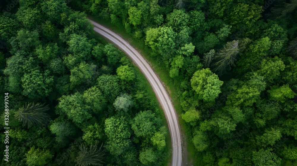 Poster aerial view of a winding road surrounded by lush green trees in a dense forest landscape : generativ