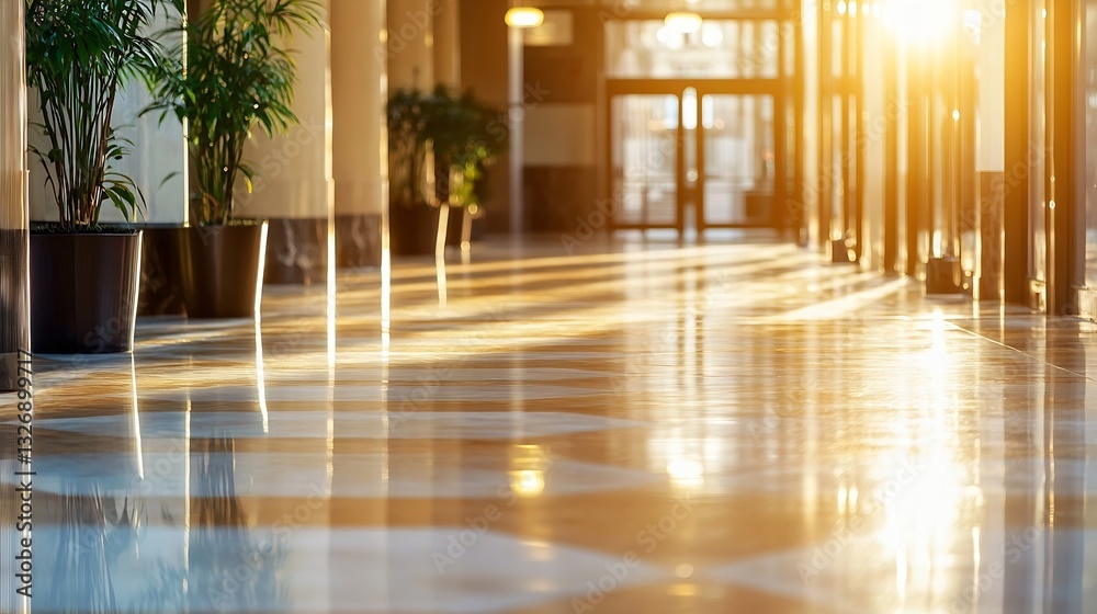 Leinwandbilder sunlit corridor in modern building showcasing polished floor and plants creating inviting atmosphere