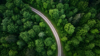 Aerial view of a winding road surrounded by lush green trees in a dense forest landscape : Generative AI