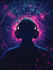 Vibrant Silhouette of Person with Headphones in a Futuristic, Neon-Drenched Background, Symbolizing Music, Technology, and Immersion. Perfect for Music Festivals, Tech Events, and Audio Product Ads.