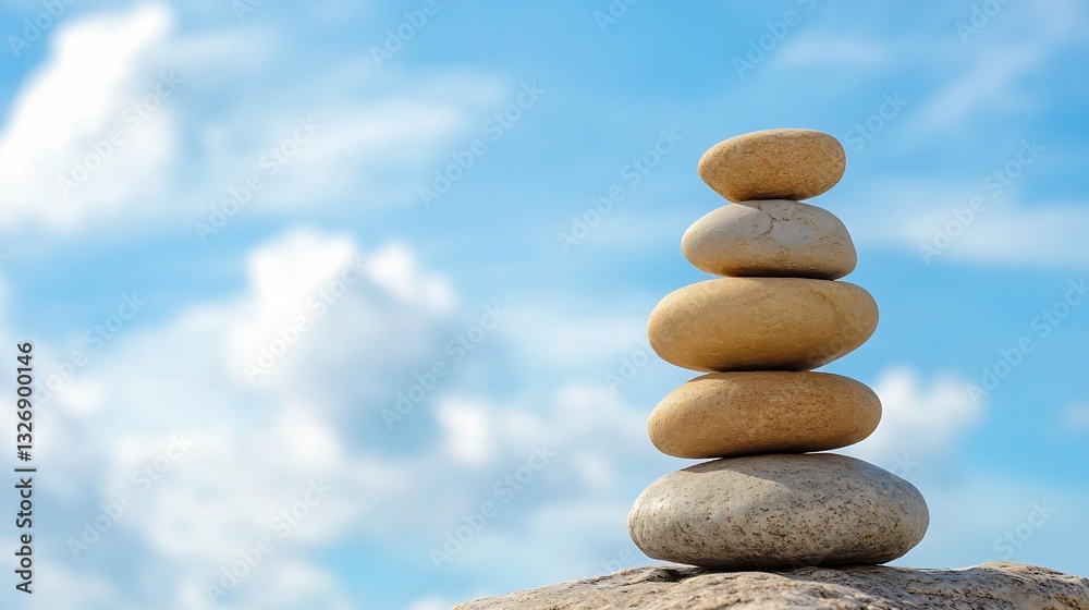 Leinwandbilder five smooth stones stacked in harmony against a backdrop of soft clouds and blue sky : generative ai