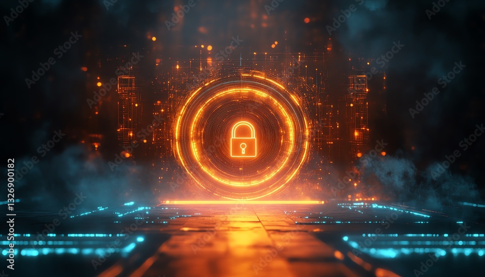 Poster Safety protection and information privacy concept with a digital padlock in a shield on an abstract dark background, surrounded by technological virtual fog, 3D rendering, mockup