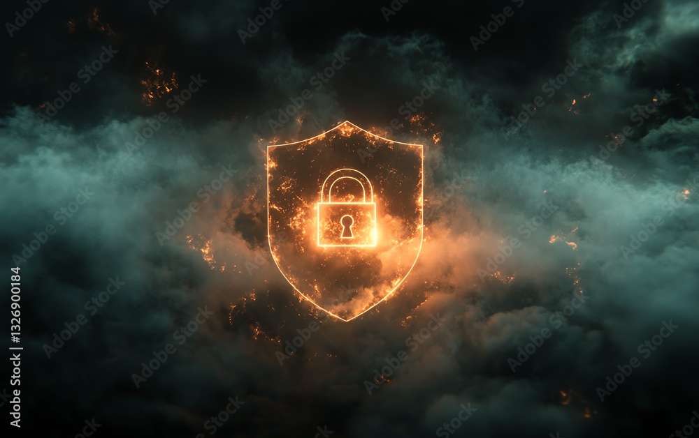 Leinwandbilder Safety and information privacy concept with a digital padlock in a shield, surrounded by virtual fog and dark abstract background, 3D rendering with space for advertising text