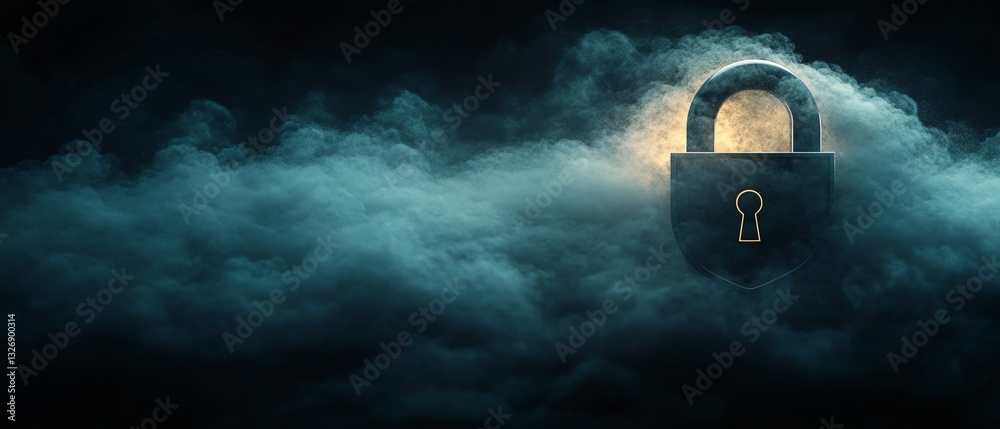 Poster safety protection and information privacy concept with a digital padlock in a shield on an abstract 