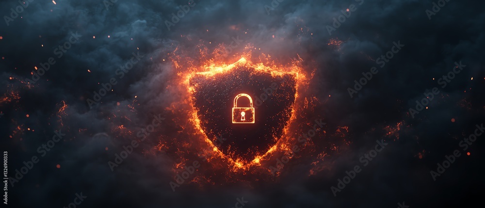 Poster Safety protection and information privacy concept with a digital padlock in a shield on an abstract dark background, surrounded by technological virtual fog, 3D rendering, mockup