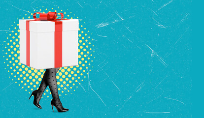 Modern art collage of gift box standing on women's legs. Time for gifts.