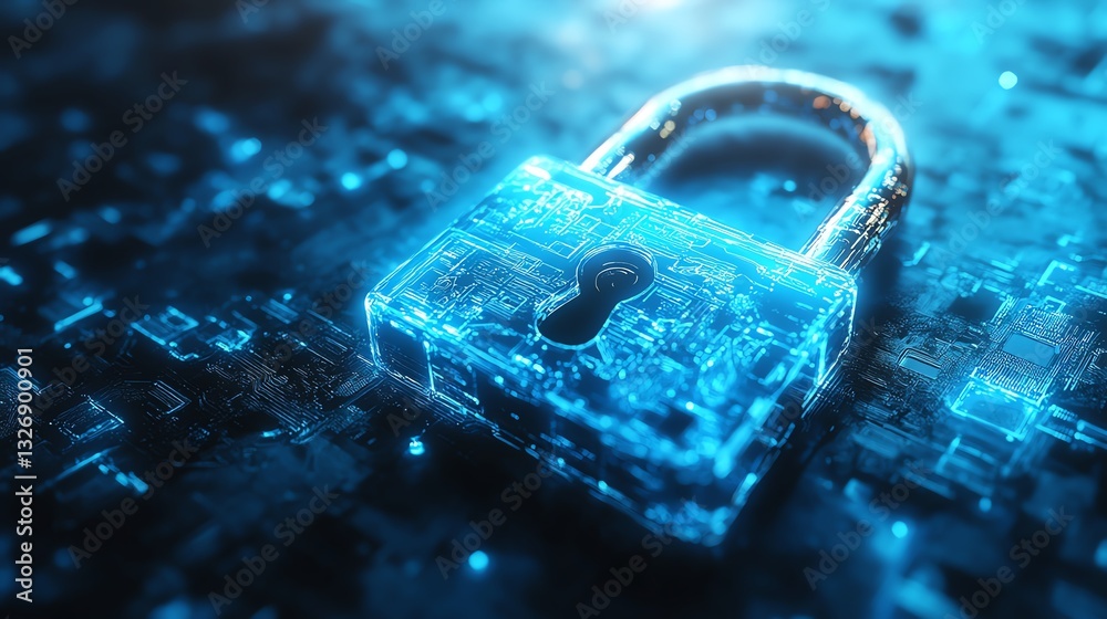 Poster 3D illuminated padlock on a textured blue background, representing digital security and artificial intelligence, with glowing details and futuristic design