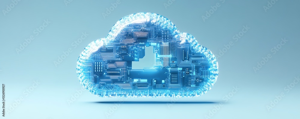 Aufkleber 3D rendered blue cloud computing icon with circuit design on a light blue background, representing digital transformation and cloudbased solutions