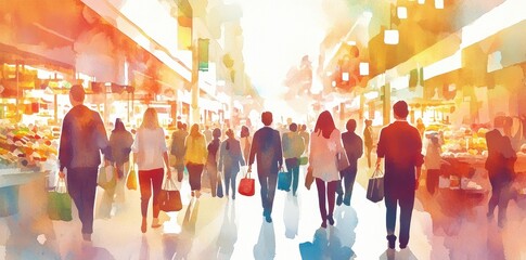 A watercolor painting depicts a bustling marketplace with many shoppers