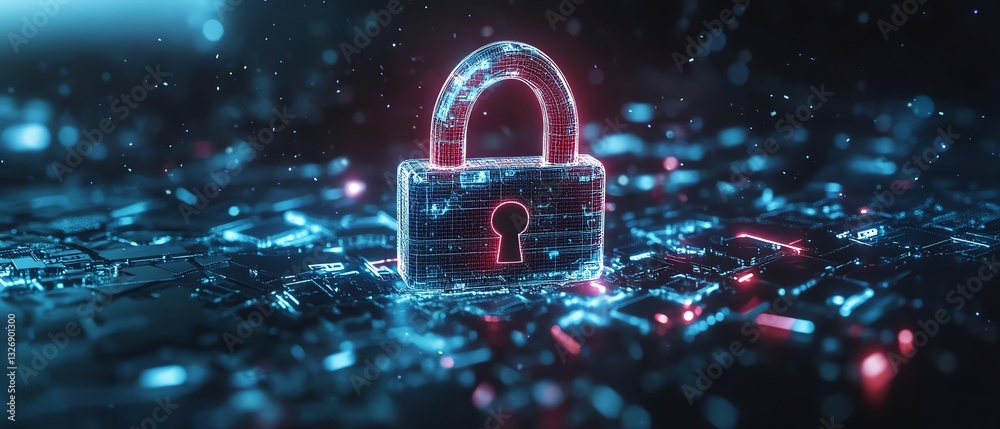 Aufkleber 3D rendered cyber security concept with a digital closed padlock and blue keys surrounding it on a dark abstract background, symbolizing secure systems