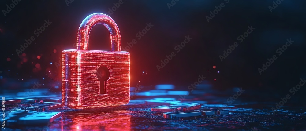 Aufkleber 3D rendered cyber security concept with a digital closed padlock and blue keys surrounding it on a dark abstract background, symbolizing secure systems