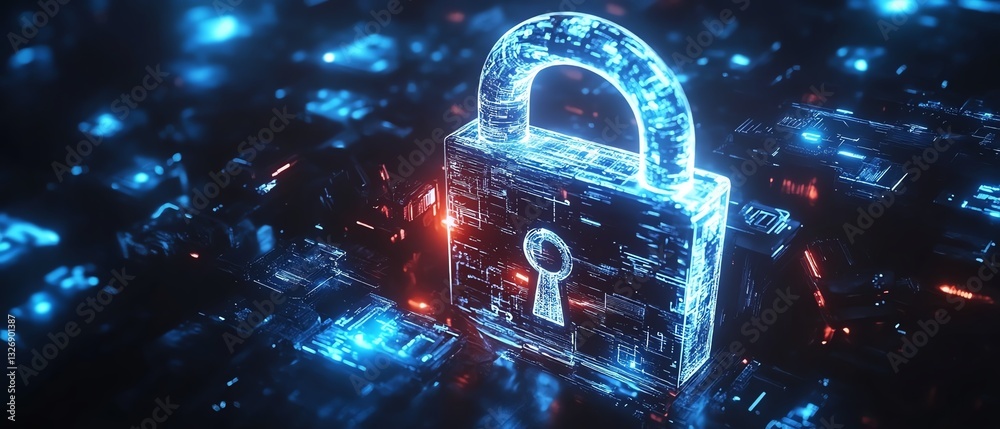 Fototapete 3D rendered cyber security concept with a digital closed padlock and blue keys surrounding it on a dark abstract background, symbolizing secure systems