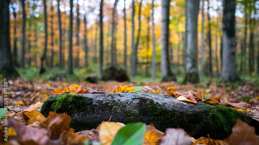 Poster autumn forest scene with colorful leaves covering a mossy rock in peaceful setting : generative ai