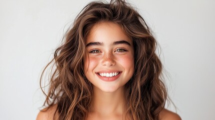 Naklejka premium A woman with long brown hair is smiling and has a red spot on her nose