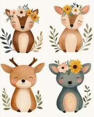 Naklejka premium Woodland animals habitat hidden. Four cute, illustrated woodland animals adorned with flowers and leaves, showcasing a playful and whimsical design.