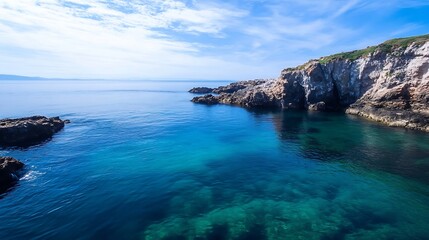 Naklejka premium Serene Coastal View of Cliffside and Crystal Clear Waters in Bright Natural Lighting Ideal for Relaxation : Generative AI