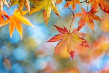 Vibrant Autumn Maple Leaves on Tree Branch with Sunlight and Shadows