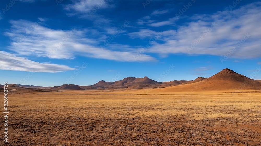 Poster vast open landscape with rolling hills under a bright blue sky and soft white clouds : generative ai