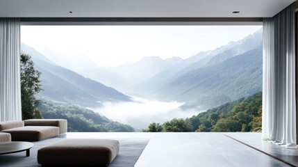 A serene view of mountains through a large window with minimalist interior design