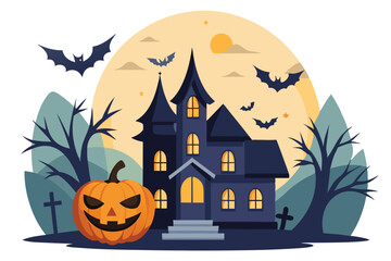 A whimsical haunted house with bats and a pumpkin under a full moon illuminates the eerie atmosphere Haunted house Customizable Disproportionate Illustration