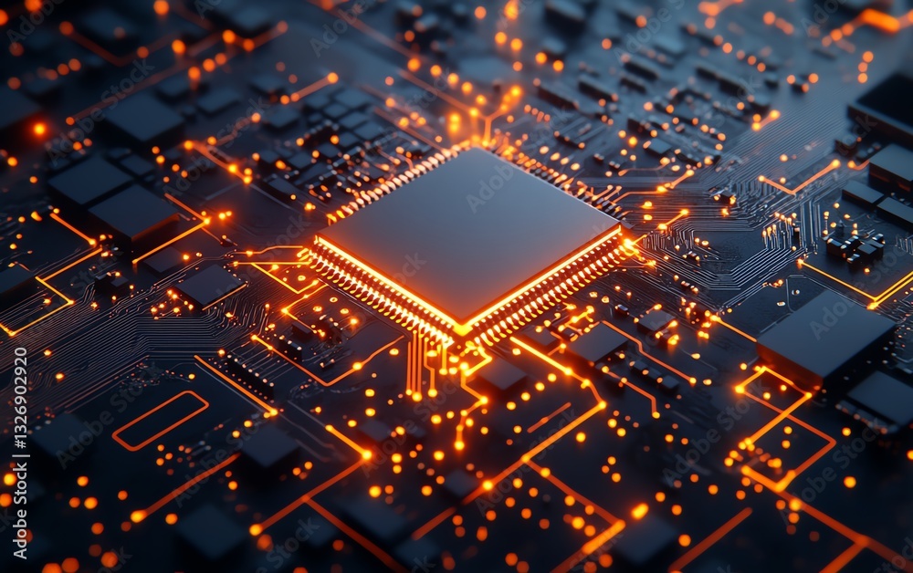 Aufkleber 3d rendered glowing chip circuit hologram on a dark background, representing cpu technology and meta