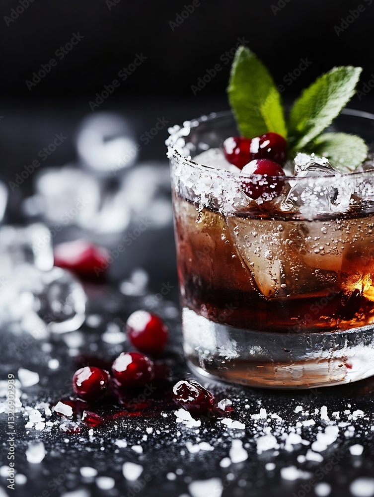 Poster delicious cocktail garnished with mint and cranberries served over ice in a dark setting with scatte