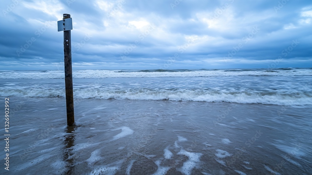 Poster scenic coastal view featuring a weathered pole standing in the sand against a dramatic cloudy sky : 