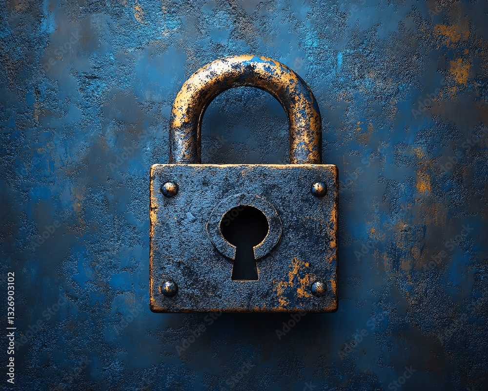 Poster 3D rendered illuminated padlock on a textured blue background, symbolizing digital security and the power of AI in protecting data