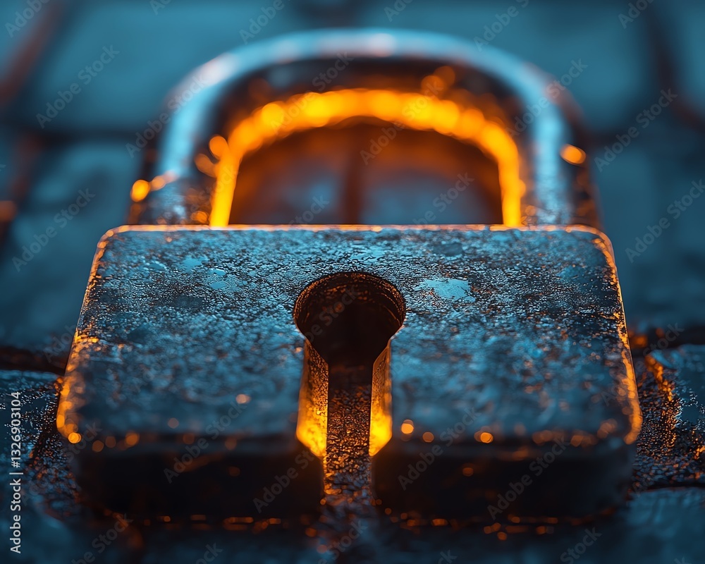 Aufkleber 3D rendered illuminated padlock on a textured blue background, symbolizing digital security and the power of AI in protecting data
