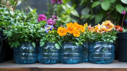 A creative diy flower pot made from recycled plastic bottles, filled with vibrant flowers, displayed on a wooden surface surrounded by greenery