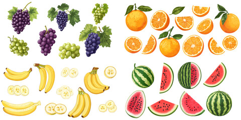 Obraz premium Vibrant fruit assortment showcasing grapes, oranges, bananas, and watermelons in vivid detail