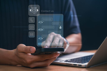 AI Chatbot Customer Support Service, Contact Us Interface with Mobile Chat, Email, and Phone for Online Assistance, Real Time Communication, and Help Desk Solutions for Business and Customer Care.