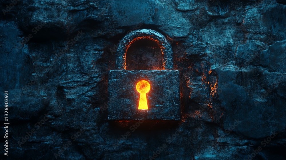 Poster an illuminated padlock on a textured blue background, representing digital security, with glowing ef