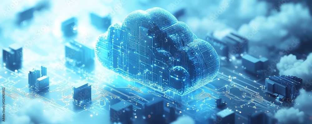 Poster Blue cloud computing icon with circuit design on a light blue background, 3D rendering, symbolizing digital technology and cloud services