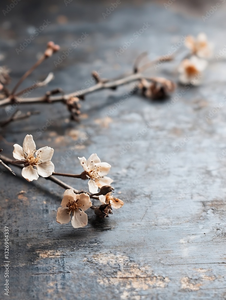 Poster delicate cherry blossom branches lying on a rustic surface showcasing the beauty of nature and sprin