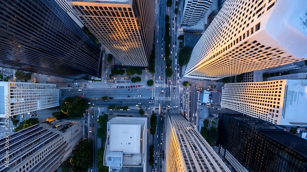 Poster bird's eye view of a busy city intersection surrounded by tall skyscrapers during golden hour : gene