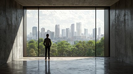Fototapeta premium Contemplative View: A Man Gazing at a Modern Cityscape from a Minimalist Concrete Room