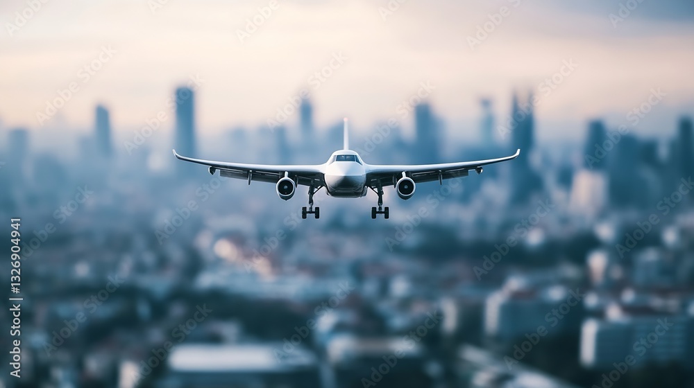 Poster an airplane approaching a cityscape with a dramatic skyline in the background : generative ai