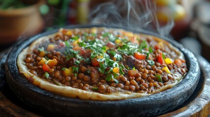 Hot lentil dish on a stone plate