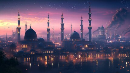 Obraz premium Nighttime Cityscape of Illuminated Mosques and Minarets