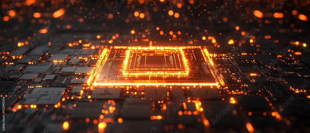 Poster Creative glowing chip circuit hologram on a dark background, symbolizing CPU and metaverse concepts, 3D rendering with glowing digital elements
