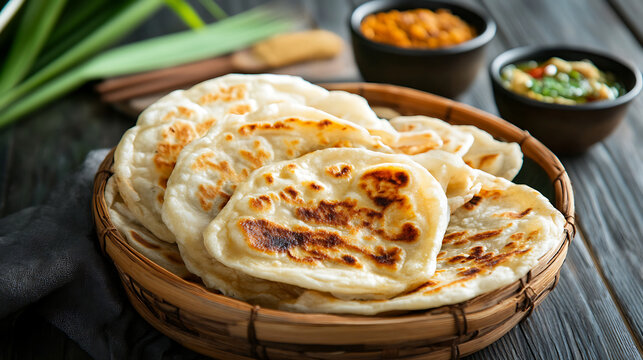 Roti canai, crispy and flaky flatbread, is served in woven basket on rustic wooden table, accompanied by flavorful curry and dipping sauces. golden brown texture enhances its appetizing appeal