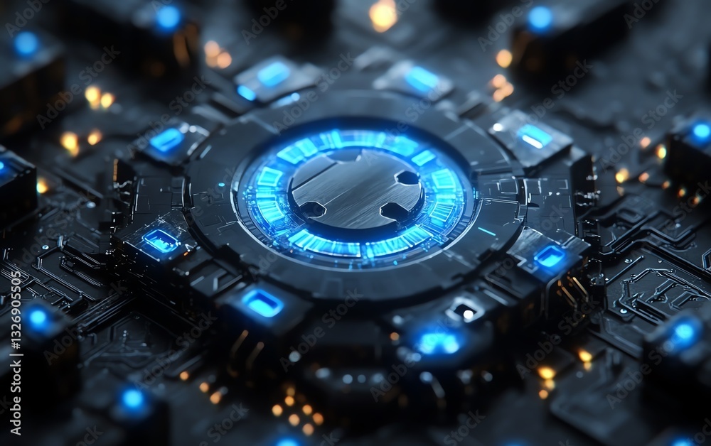 Poster Cyber security and unlock system represented by a digital close padlock with blue keys surrounding it on a dark abstract background, in a futuristic 3D perspective view