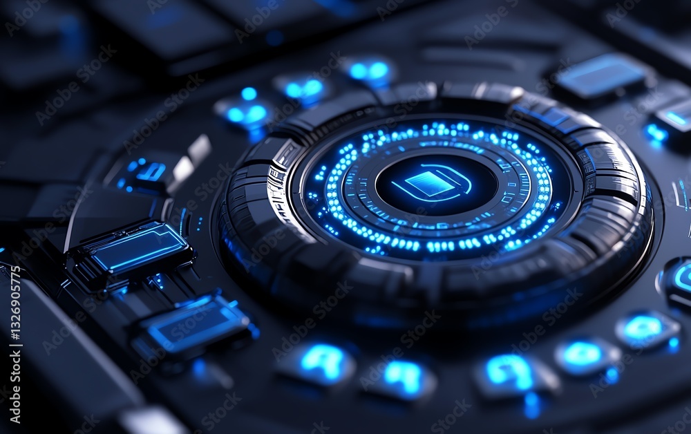 Fototapete Cyber security and unlock system represented by a digital close padlock with blue keys surrounding it on a dark abstract background, in a futuristic 3D perspective view
