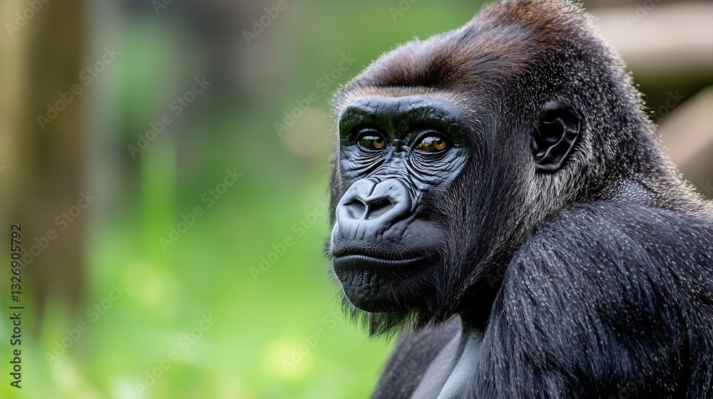 Poster majestic close up of a calm and thoughtful gorilla captured in a lush green environment : generative
