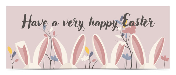 Cute pastel Easter banner, greeting card, cover, poster, leaflet with different bunny ears between colorful flowers, pink background, vector illustration