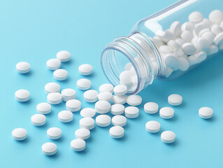 White tablets spilled on blue background