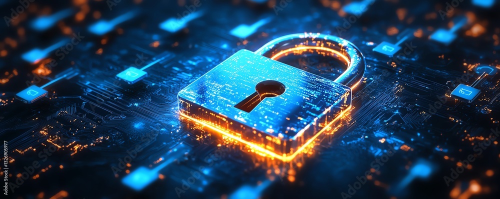 Aufkleber digital close padlock surrounded by blue keys on a dark abstract background, illustrating cyber secu