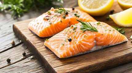 Fresh raw salmon fillets with herbs, peppercorns, and rosemary on wooden cutting board, accompanied by lemon wedges on rustic wooden table
